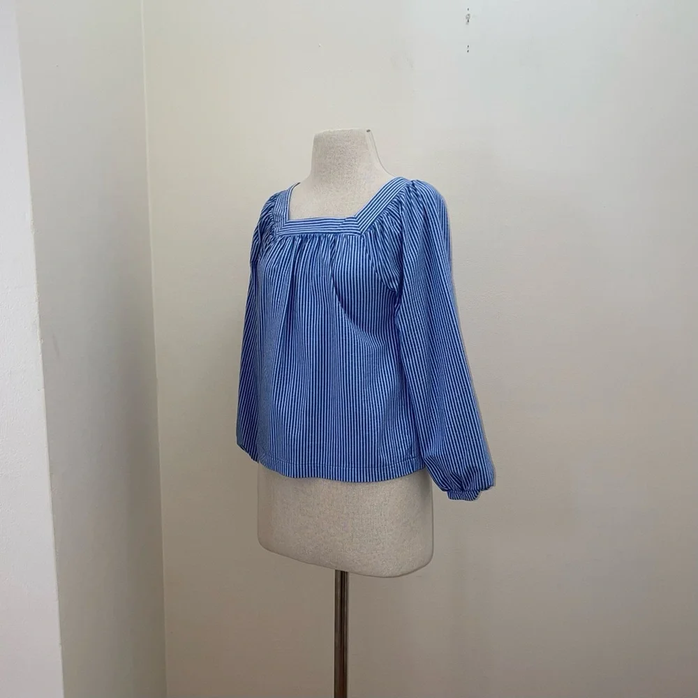 J. Crew Blue/White Striped Seersucker Square-Neck Top Size XS Coastal Beach Boho